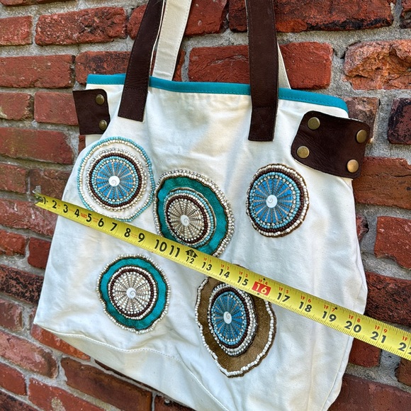 Mare Sole Amore Large Boho Embroidered / Beaded Canvas Leather Shoulder Bag - Picture 12 of 13